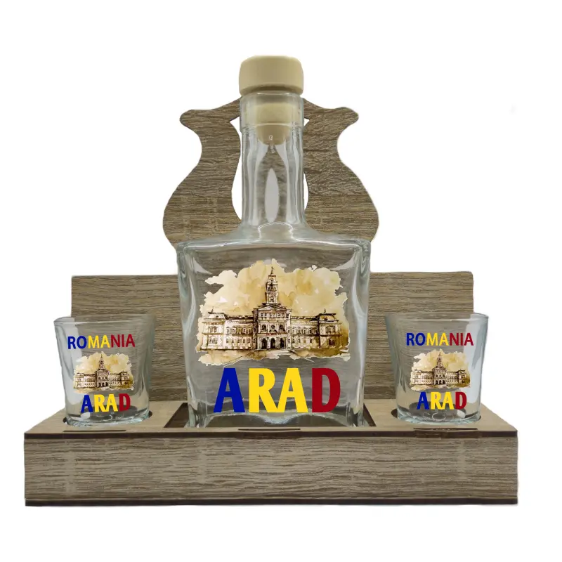 Arad romania, suport din lemn cu sticla si 2 pahare, model hgs025